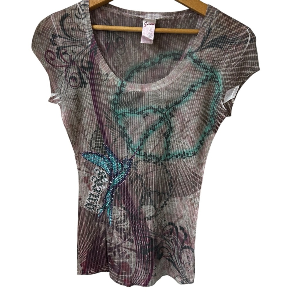 Vintage 90s Y2K Sheer Guess Tattoo Top Hummingbird Beads Bling Hand Made USA